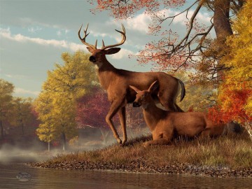 動物 Painting - 秋の湖畔の鹿